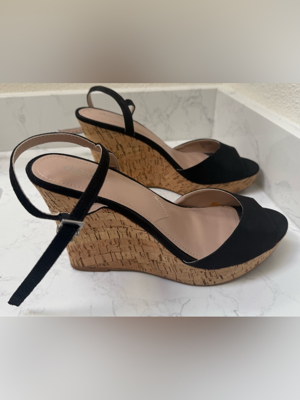 Charles By Charles David Black Cork Wedge Slingback Sandals